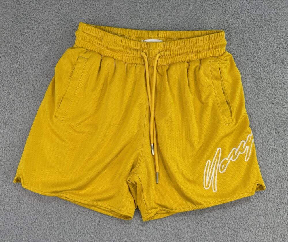 YoungLa Men's Mesh Yellow Scripted Grafitti Logo Shorts Pockets Size Small